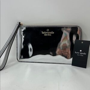 KATE SPADE NEW YORK LUCY MED L ZIP WALLET WRISTLET SILVER MIRROR METALLIC NWT